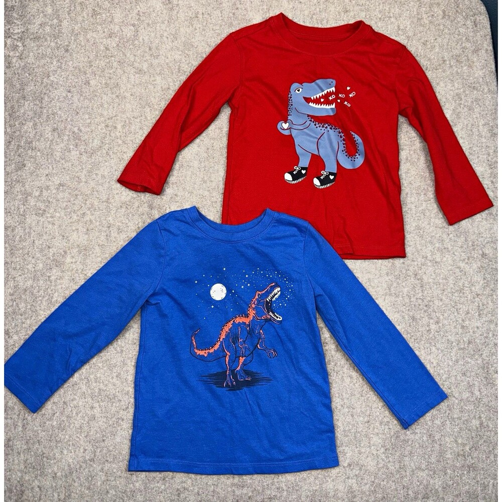 Cat & Jack Boys 3T Long Sleeve T-Shirt Lot of 2 Red/Blue Dino Graphic Crew